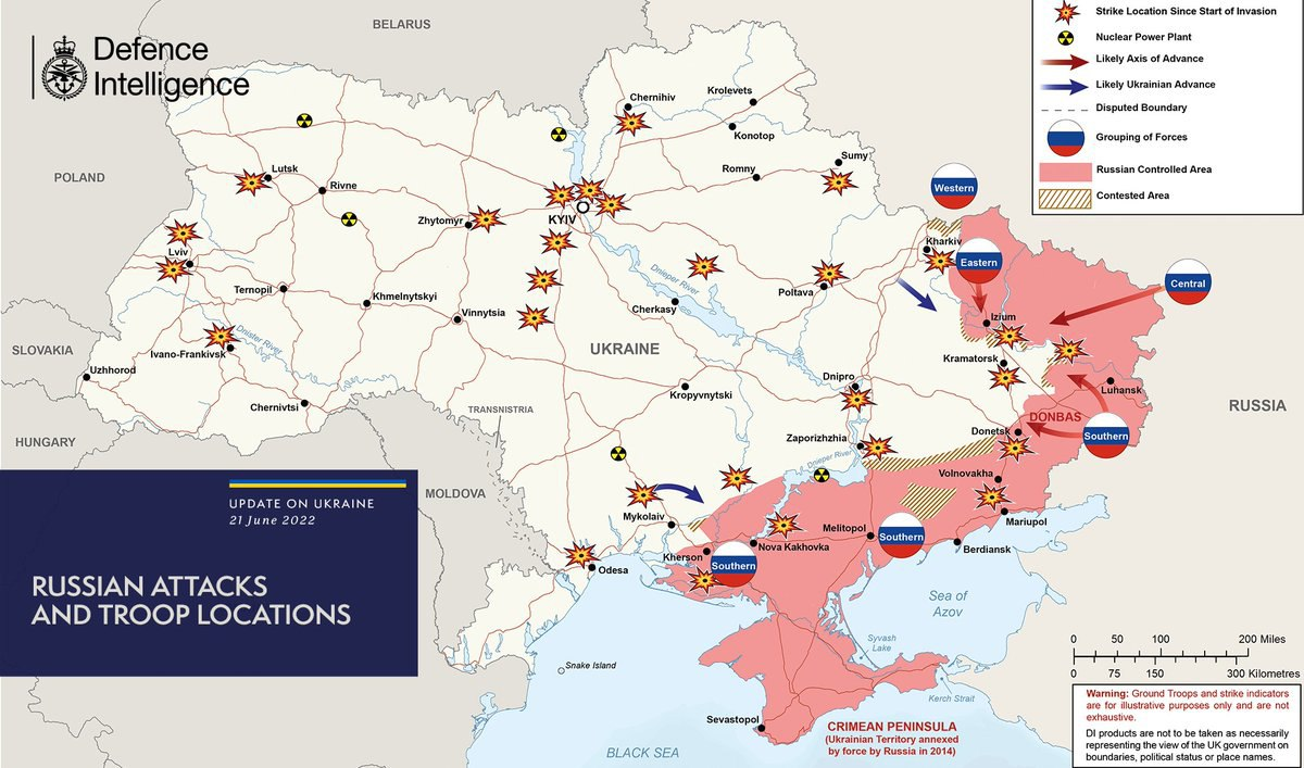 Карта боевых действий в Украине по состоянию на 21 июня 2022 года