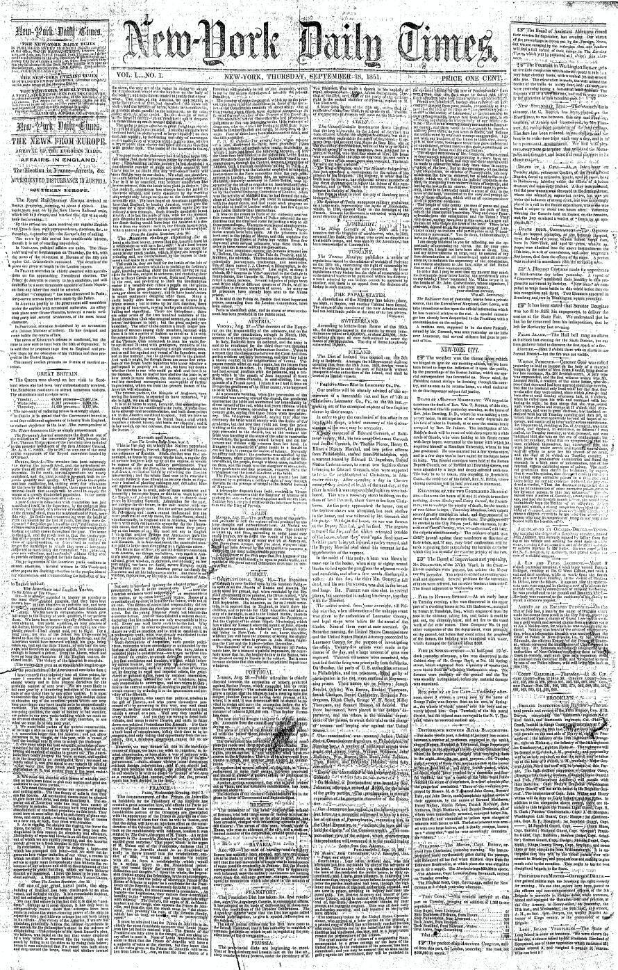 Перша сторінка газети від 18 вересня 1851 року.