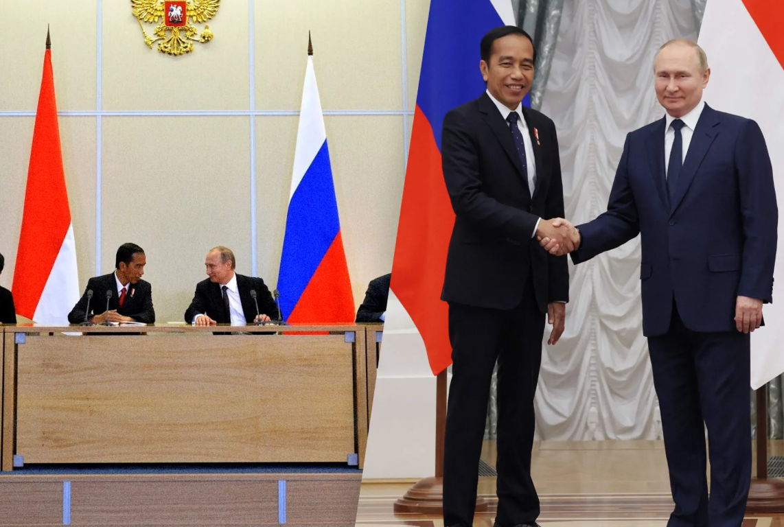 Президент Індонезії Джоко Відодо та президент Росії Володимир Путін. Ліворуч — їхня зустріч у 2016 році, праворуч — у 2022 році