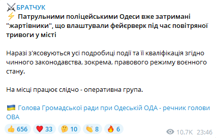 Скриншот повідомлення Сергія Братчука у Telegram