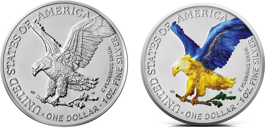 На аверсі обох монет зображено культового американського орла в польоті