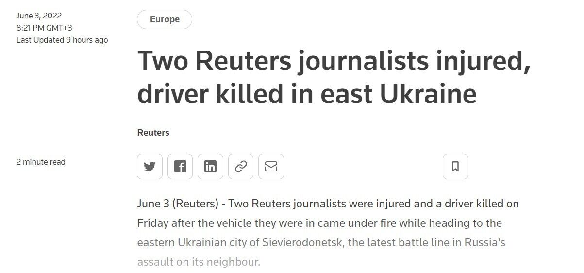 Журналисты Reuters попали под обстрел РФ возле Северодонецка: есть погибшие