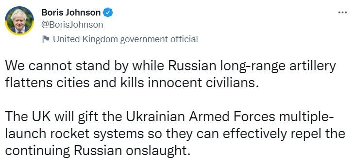 Джонсон – про передання Україні РСЗВ: не можемо стояти осторонь, поки артилерія РФ вбиває мирних жителів