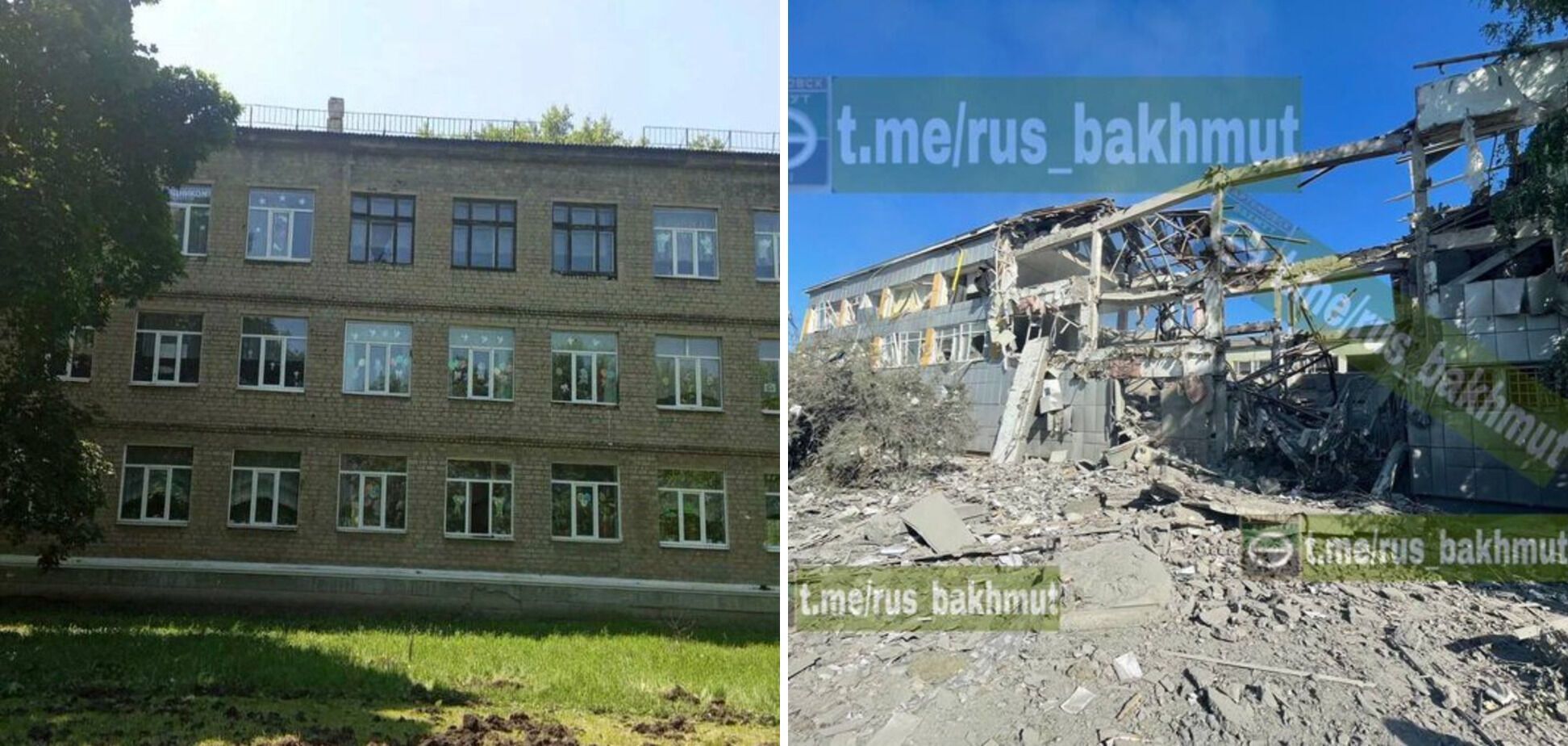 Слева – школа №62 в Донецке, против которого Украина "проводила геноцид" с 2014 года. Справа – школа в Бахмуте, по которой "освободители" ударили 8 июня ракетой