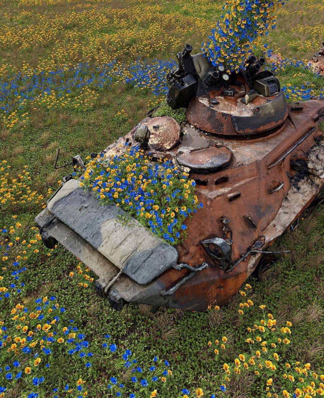 Знищена російська техніка в Україні заросла синьо-жовтими квітами. Фото