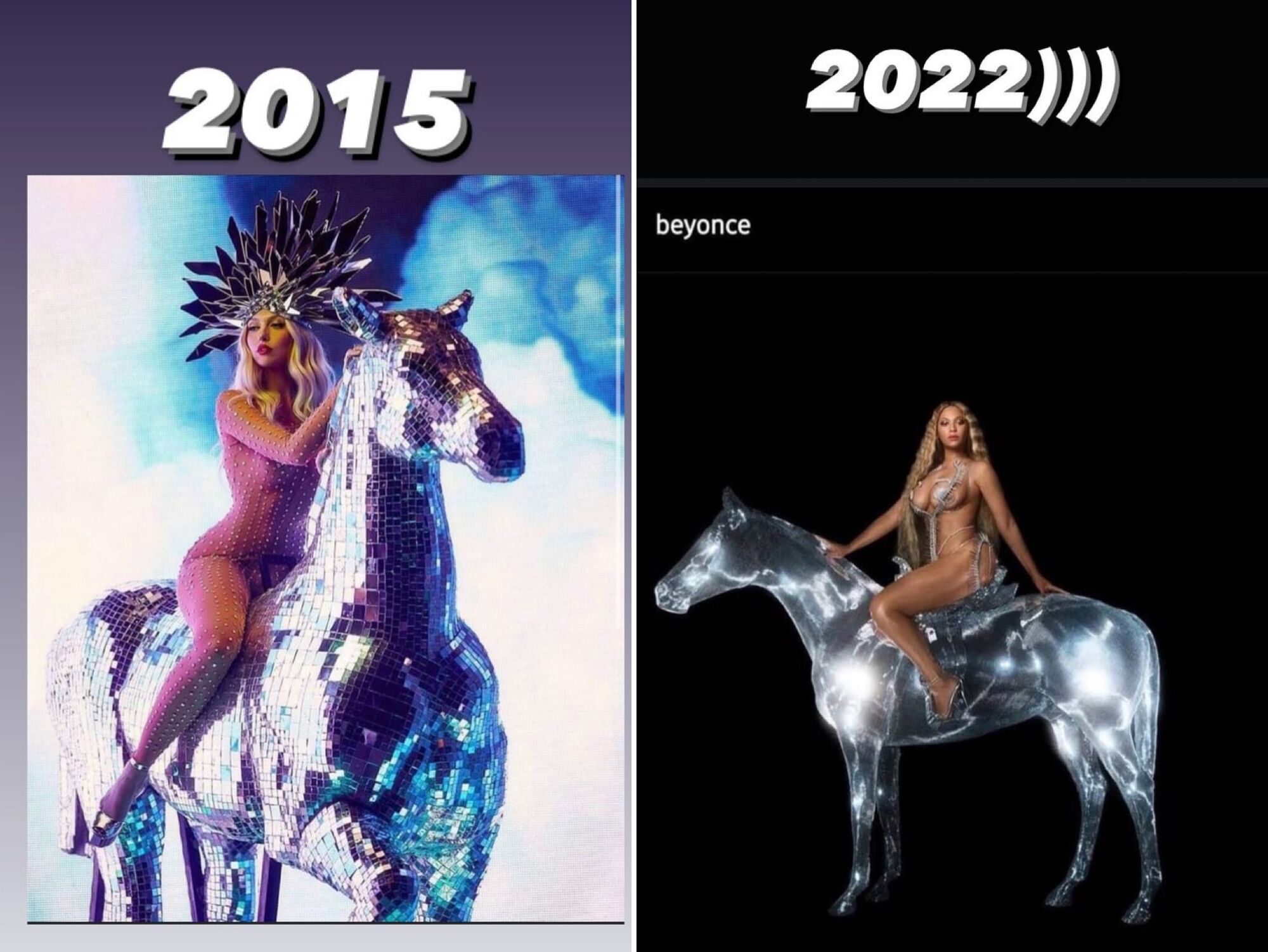 Напівгола Бейонсе на коні повторила образ Полякової 2015 року. Фотопорівняння