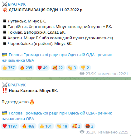 Скриншот повідомлення Братчука у Telegram