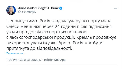 Посол США в Україні шокована російським ударом по порту в Одесі.