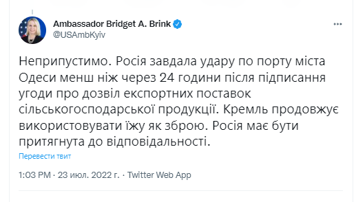 Посол США в Украине шокирован российским ударом по порту в Одессе.