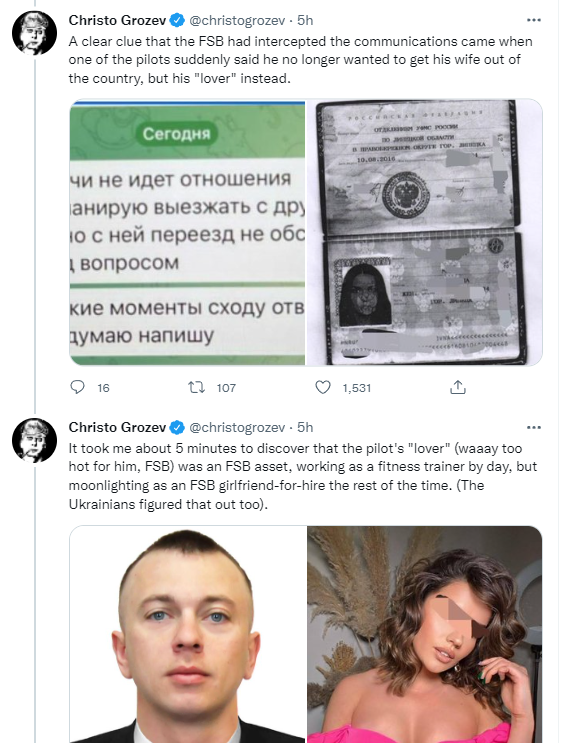 Скриншот дописів Грозєва у Twitter.