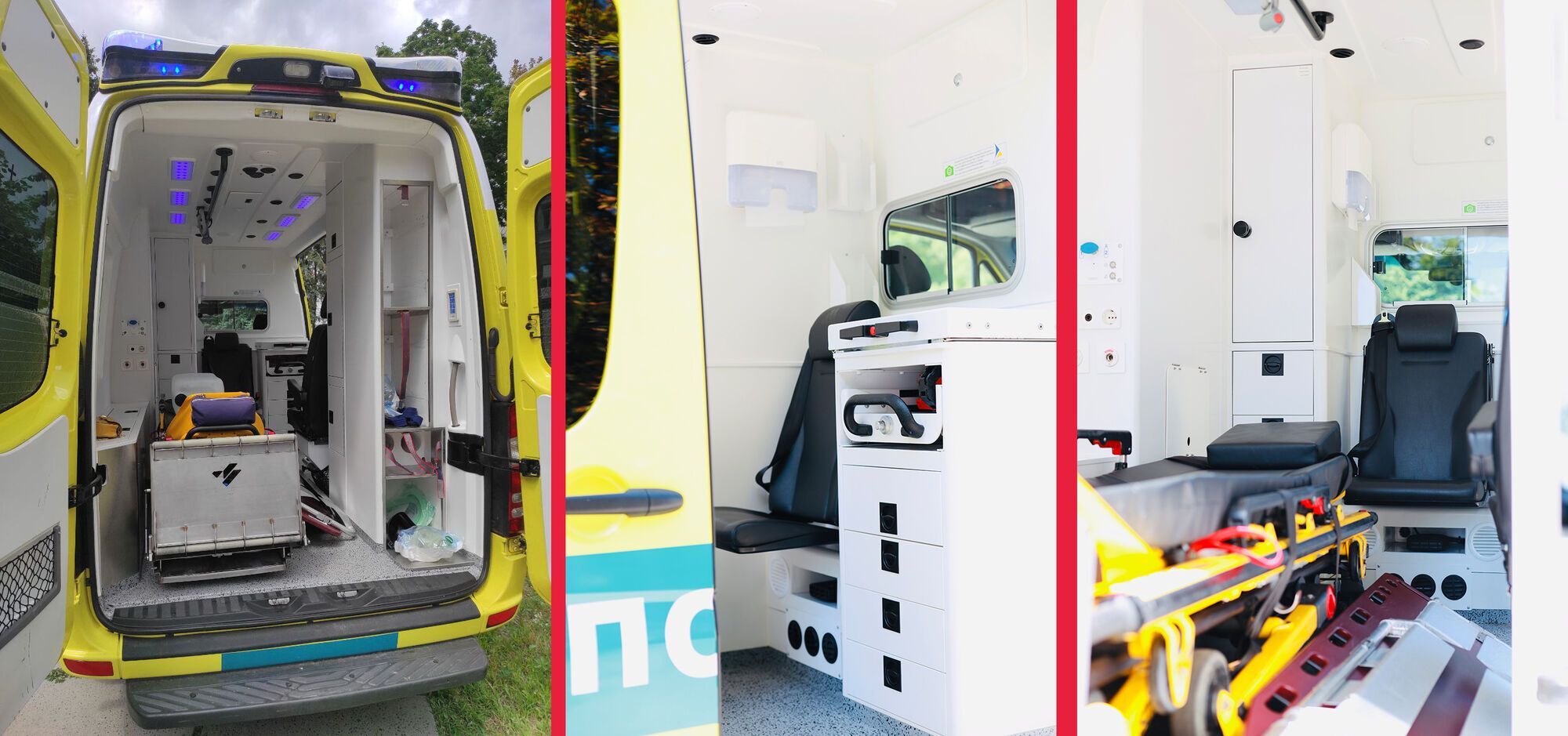 Автомобиль оснащен кислородным аппаратом, дефибриллятором, носилками и всем необходимым реанимационным оборудованием.