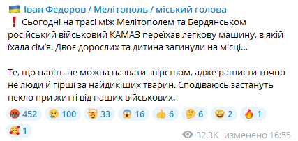 Скриншот повідомлення Івана Федорова у Telegram