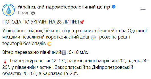 Скриншот сообщения Укргидрометцентра в Facebook