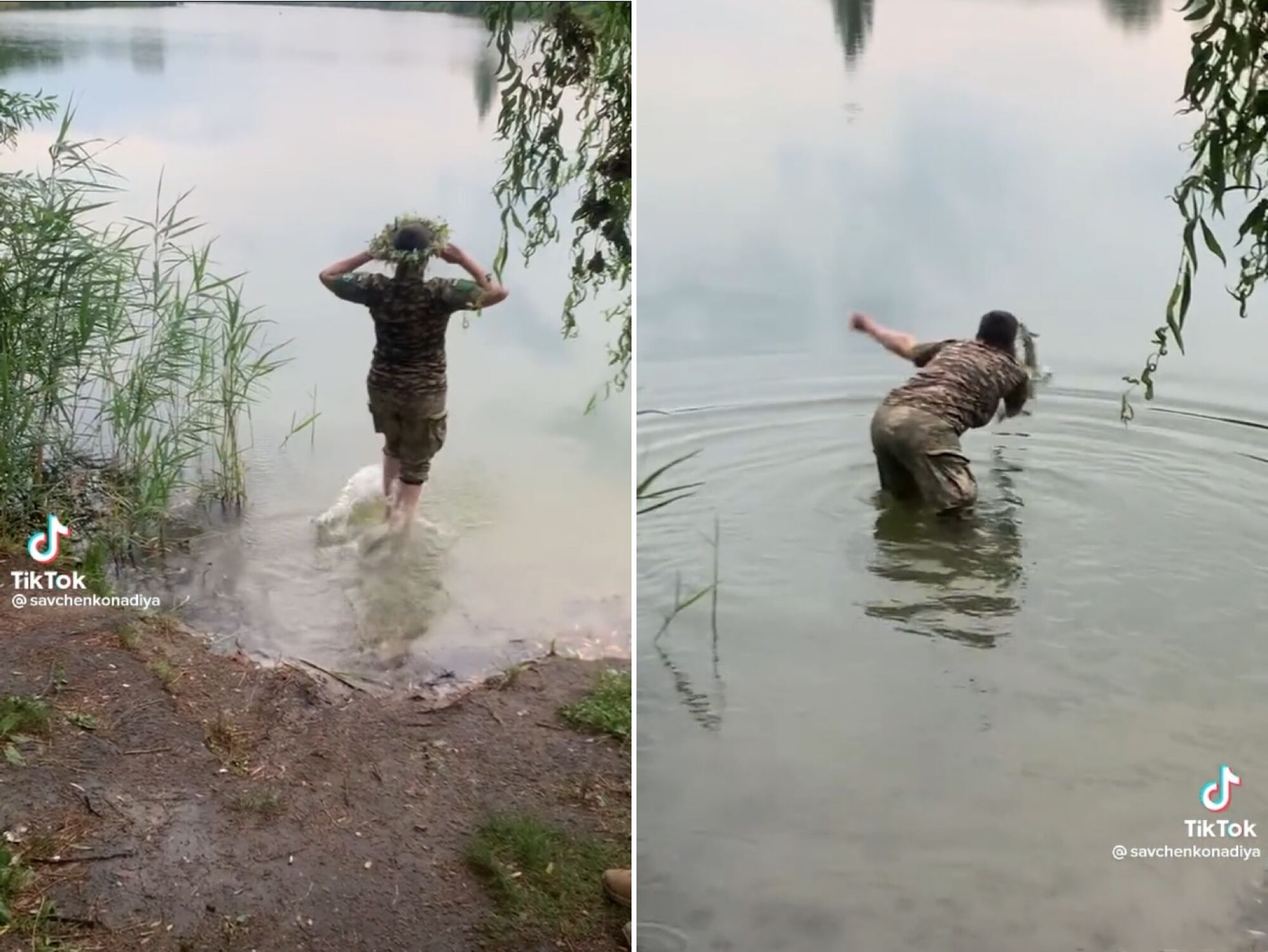 Савченко в военной форме забралась в реку и пустила по воде венок. Он не поплыл