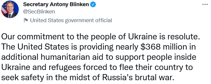 США нададуть Україні додаткову гуманітарну допомогу майже на 368 млн доларів