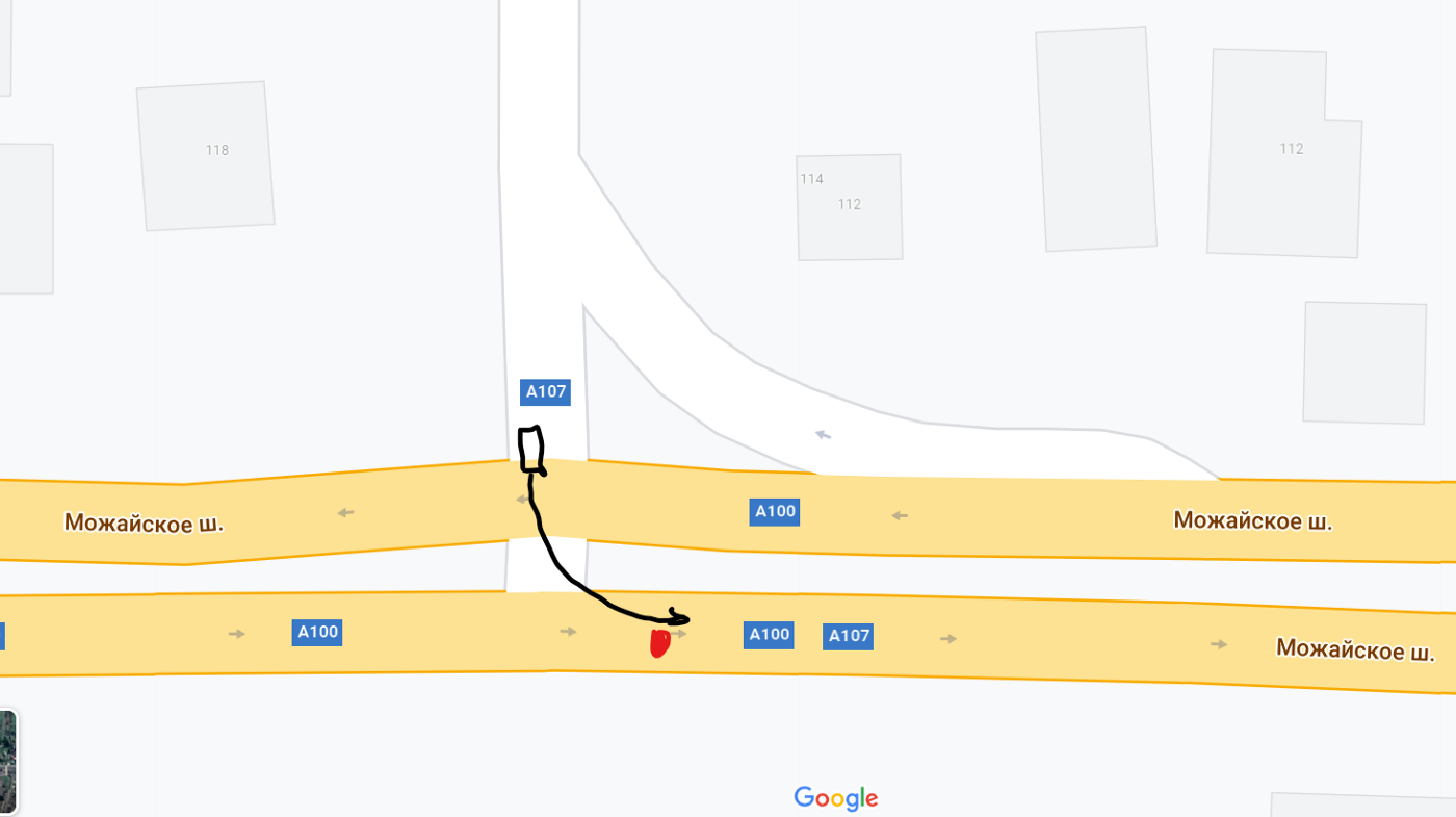 Схема руху автомобіля на перехресті та місце, де виявилося тіло Дугіної