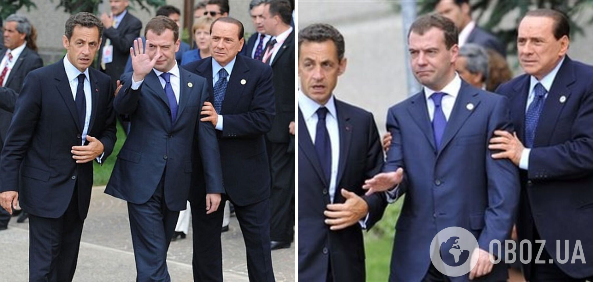 Медведев напился на саммите G8 и передвигался с помощью Саркози и Берлускони.