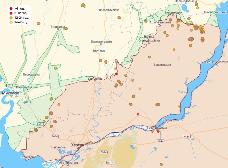 Карта Херсонской области с нанесением координат пожаров NASA