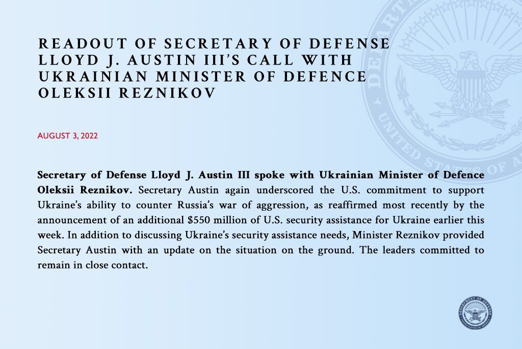 Резников провел разговор с главой Пентагона: обсудили потребности Украины и ситуацию на фронте