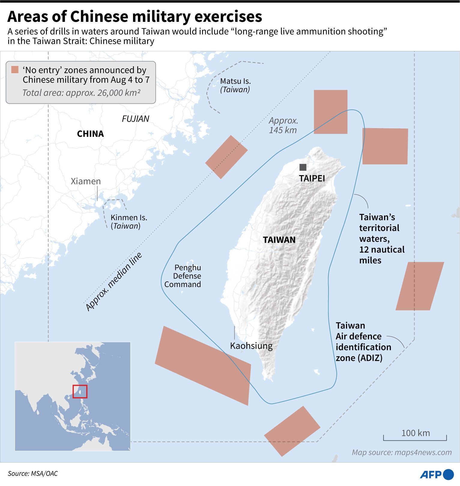 В некоторых точках "учения с боевой стрельбой" будут проходить всего в 20 километрах от берега Тайваня