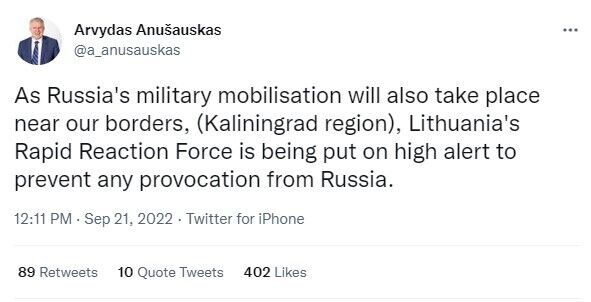 Литва решила привести в повышенную боевую готовность свои войска из-за частичной мобилизации в РФ