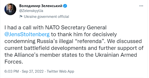 Зеленський обговорив із генсеком НАТО фейкові "референдуми" та підтримку ЗСУ країнами-членами Альянсу