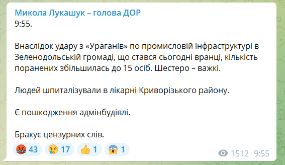 Войска РФ обстреляли Днепропетровщину из "Ураганов": ранены 19 человек