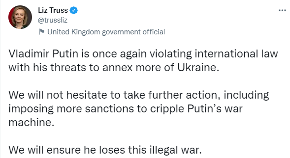 ''Путін має програти війну'': Трасс заявила, що Британія ніколи не визнає анексію українських територій