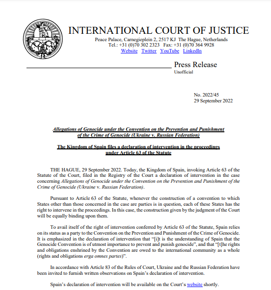 Испания присоединилась к иску Украины против РФ в Международном суде ООН