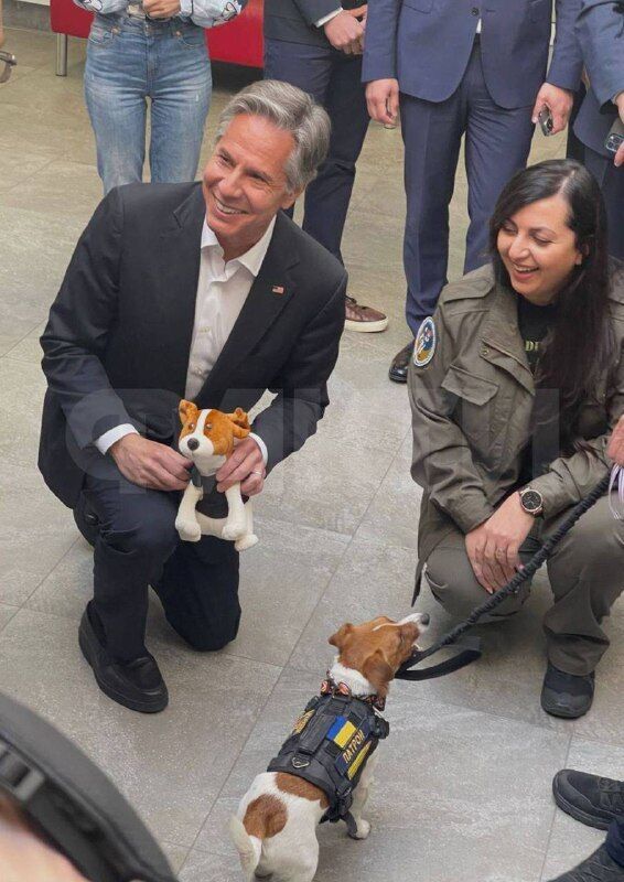 Блинкен во время визита в Киев познакомился с псом Патроном и угостил его лакомством. Видео
