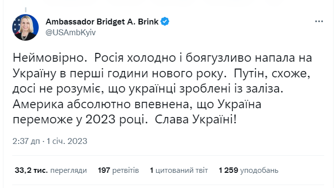 Госпожа посол США в Украине о новых ударах РФ по Украине: Путин, похоже, до сих пор не понимает, что украинцы сделаны из железа