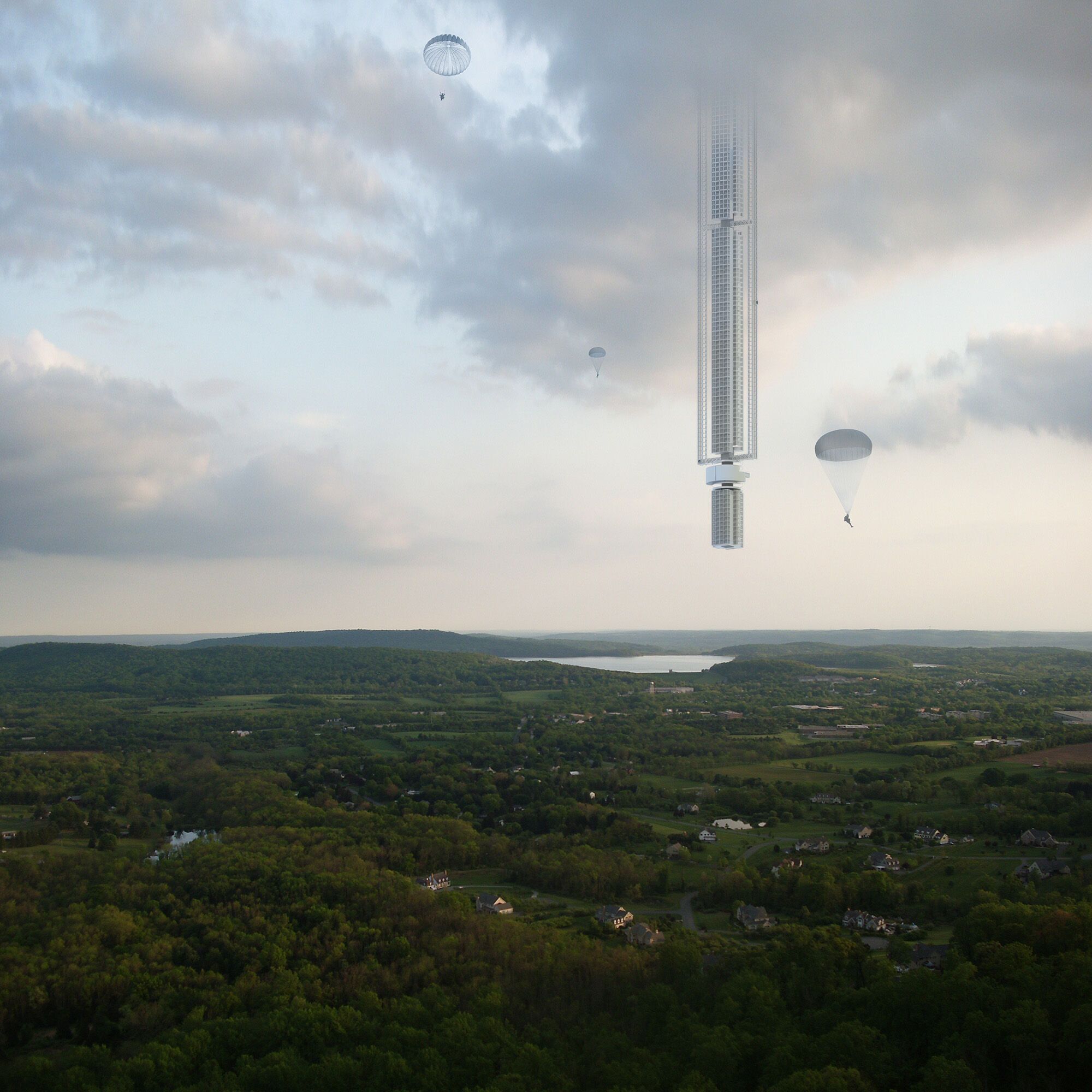 Попасть из небоскреба на поверхность можно будет с помощью парашютов.