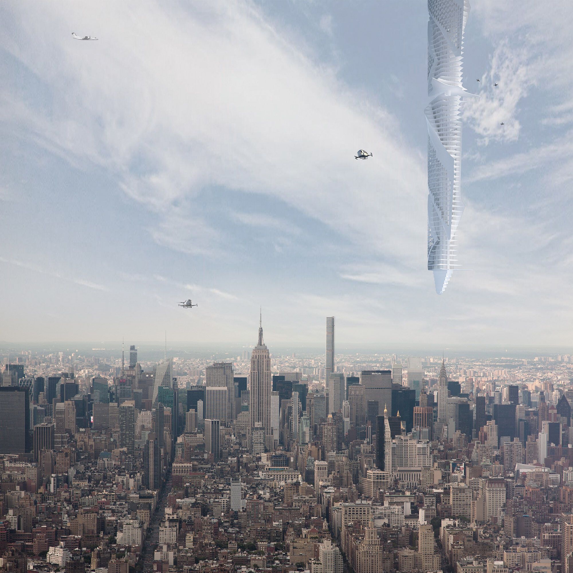 Архитекторы планировали разместить огромный летающий небоскреб над Нью-Йорком.