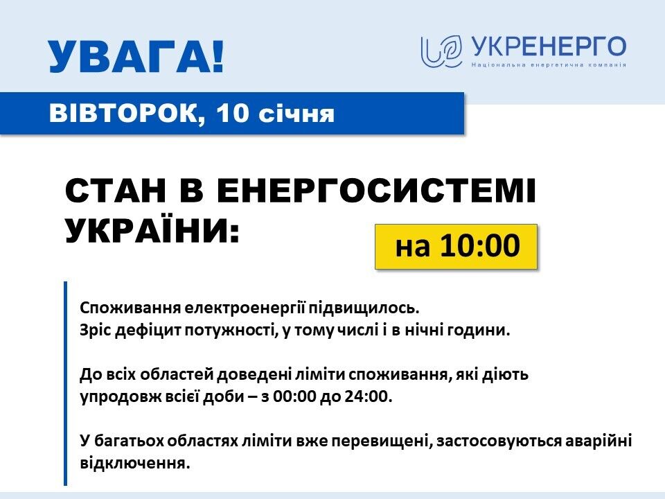 В Україні збільшився дефіцит електрики, світло вимикатимуть протягом усього 10 січня