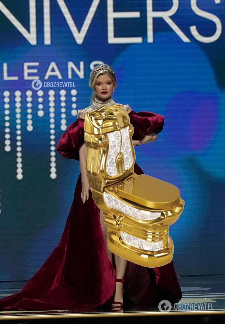 Чорні пакети та золотий унітаз: у мережі запропонували варіанти костюму для росіянки на "Міс Всесвіт". Смішні фотожаби