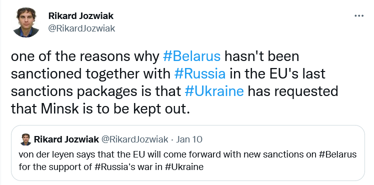 Рікард Йозвяк повідомив, що Європейський Союз не запроваджував жорсткі санкції проти Білорусі нібито на прохання самої України.