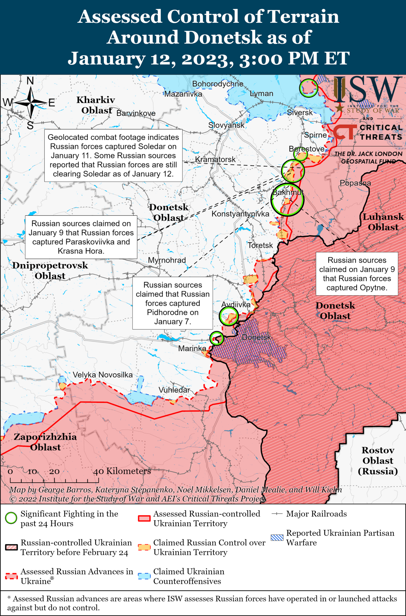 Карта бойових дій на Донеччині 12 січня 2023 року
