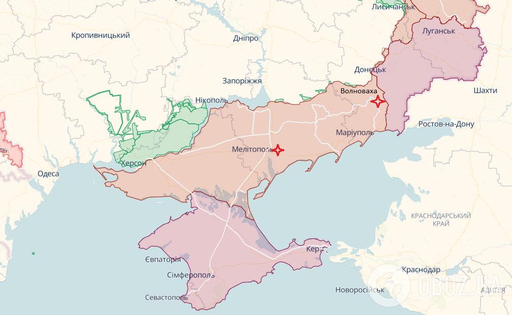 Волноваха и Мелитополь на карте Украины