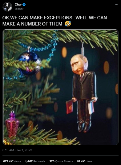 Певица Шер высмеяла Путина вирусным фото с елочной игрушкой и заявила, что не желает ему счастья