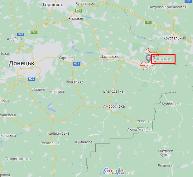 Оккупированное Снежное Горловского района на карте