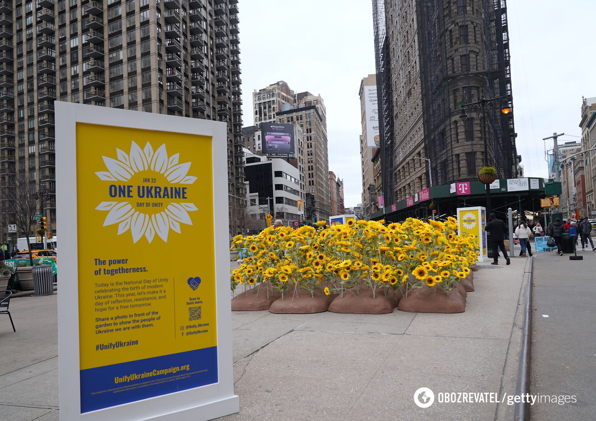 У самому серці Нью-Йорка встановили інсталяцію з 333 соняшниками з нагоди Дня Соборності України. Фото