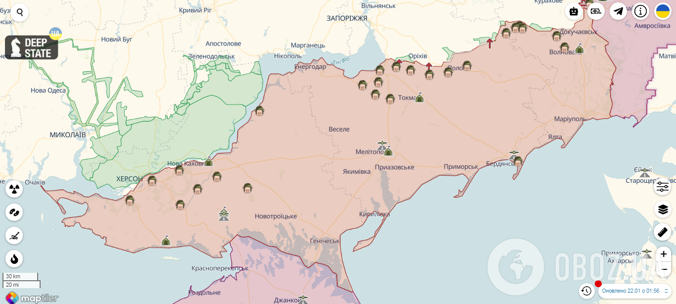 Карта линии фронта на юге. 22 января 2023 года.
