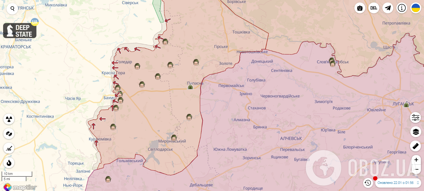 Карта линии фронта в районе Бахмута и Соледара