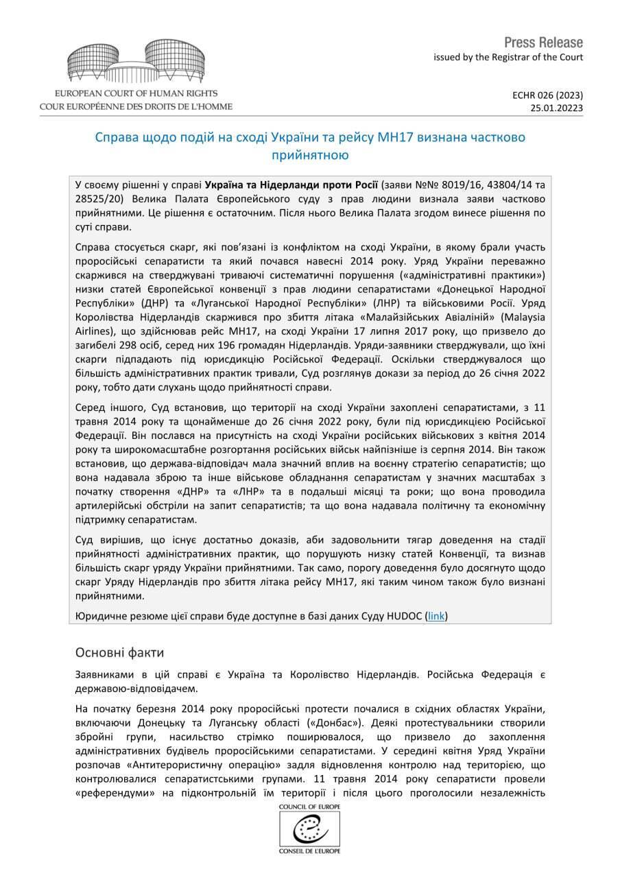 ЄСПЛ визнав Росію відповідачем у справі про окупацію Донбасу в 2014 році, збиття MH17 та підтримку сепаратистів  