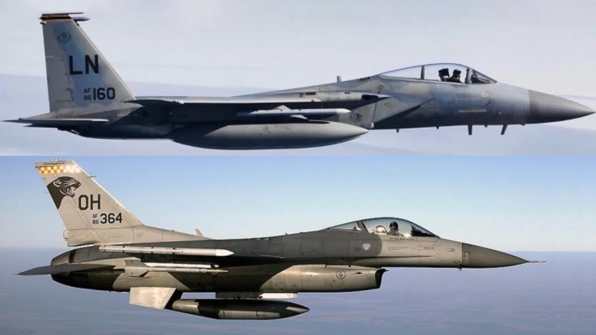 F-15 Eagle (вверху) и F-16 Fighting Falcon (внизу)