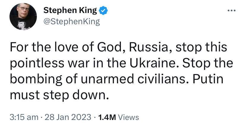 ''Остановите войну'': Стивен Кинг написал послание россиянам, призвав мир защитить жителей Украины 