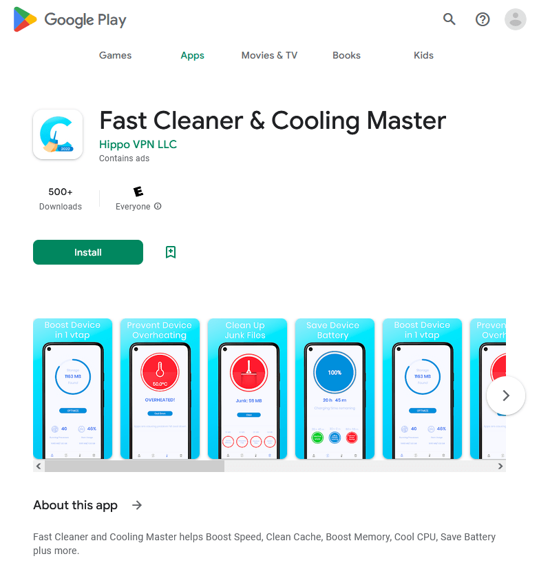 Приложение Fast Cleaner & Cooling Master, содержащее троян