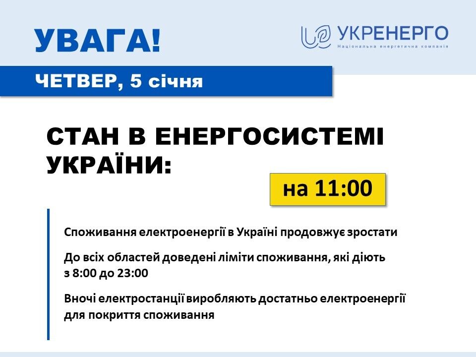 В Украине с 8:00 до 23:00 5 января будут применяться графики отключения электричества