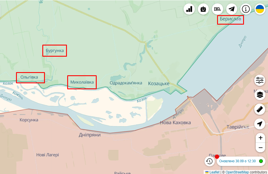 Ольговка, Николаевка, Бургунка, Берислав на карте