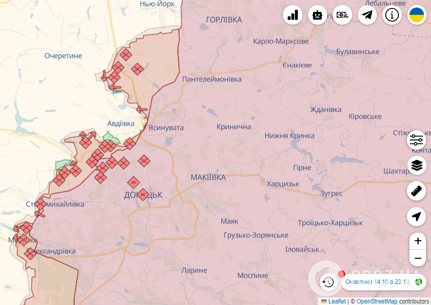 Донецьк та Авдіївка на карті бойових дій